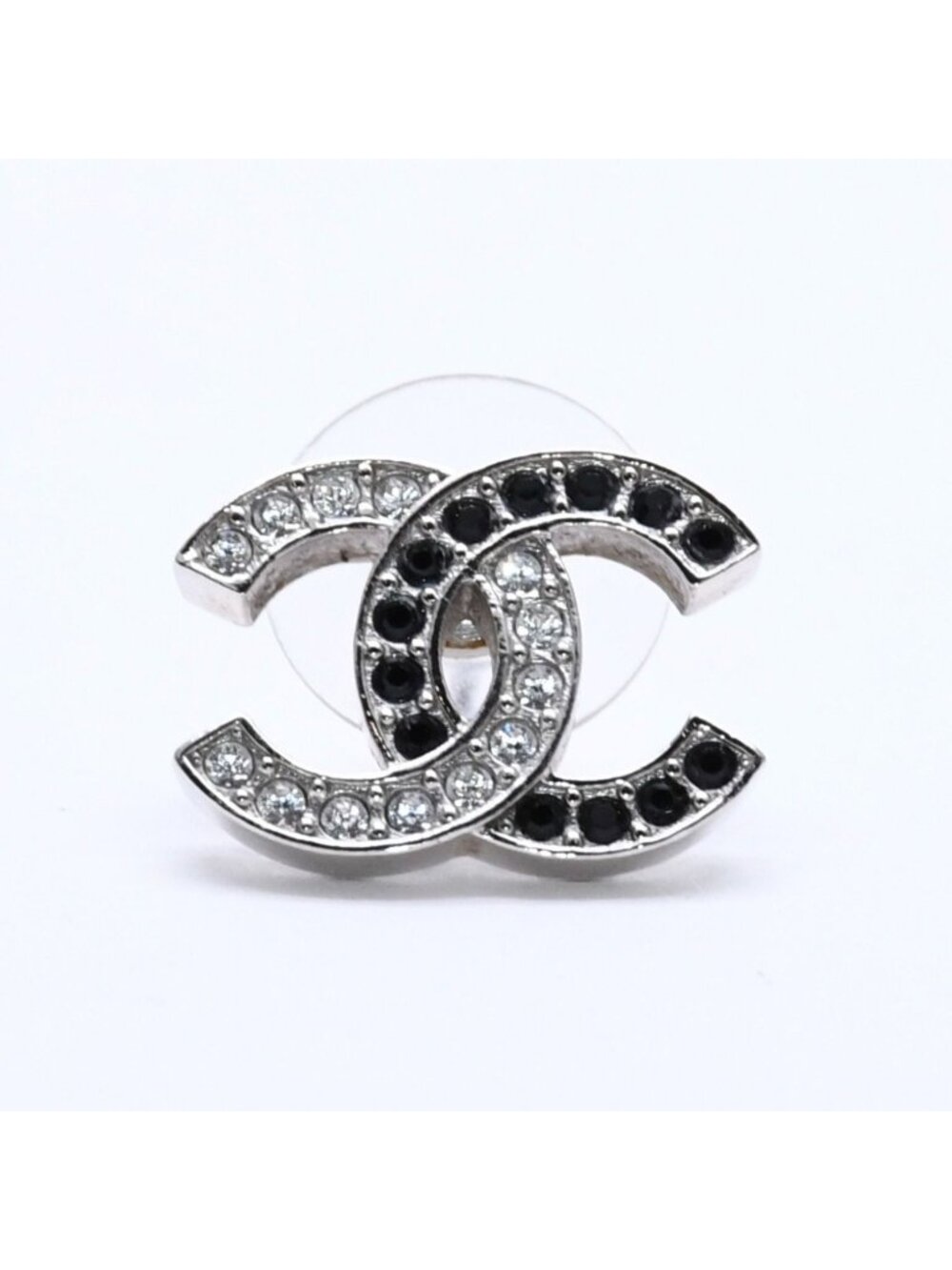 Chanel CC Logo Single Earrings 24 Rhinestone Silver Black Clear